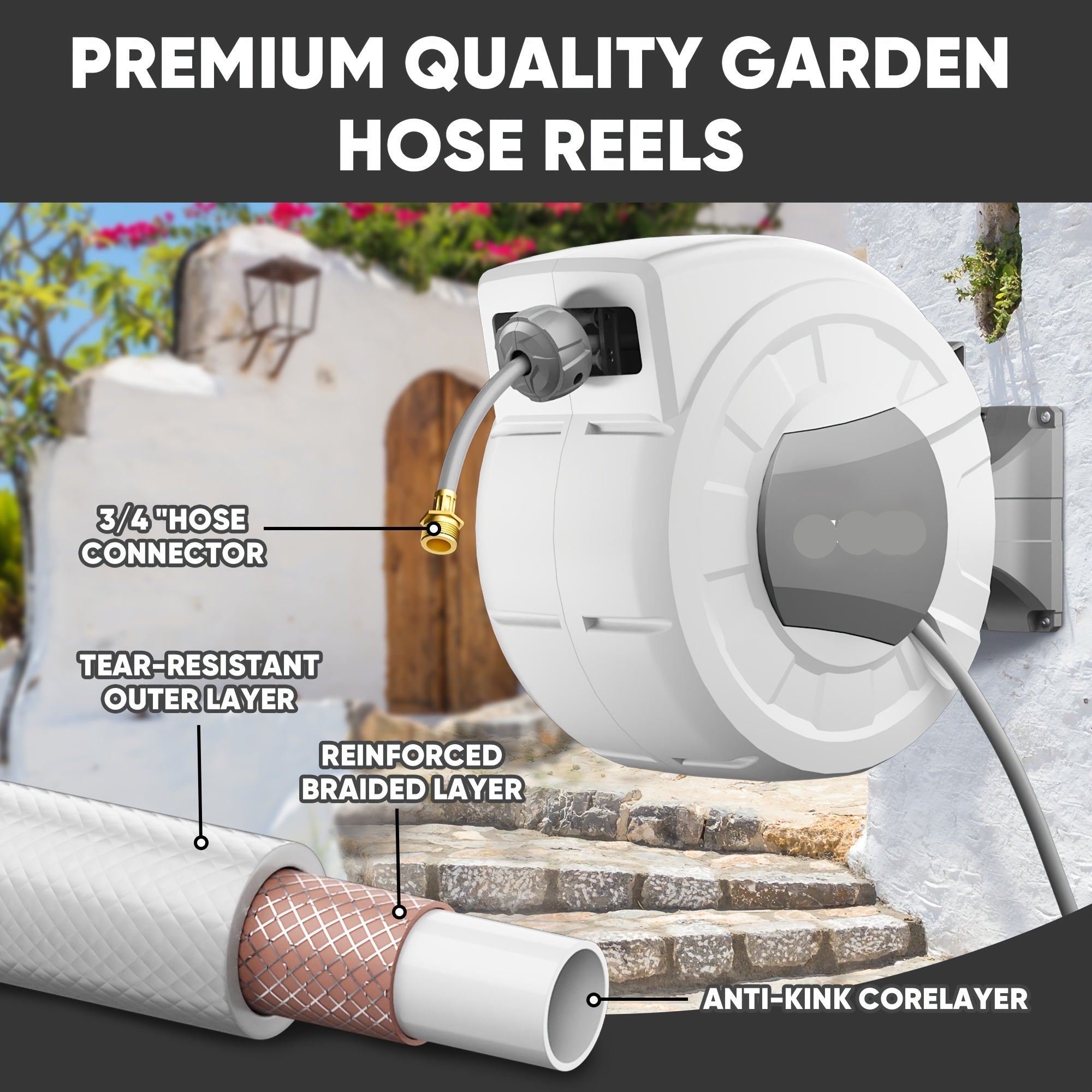 65/84/100/115/130FT X 1/2" Retractable Garden Hose Reel
